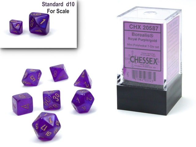 Chessex - Mini Borealis Polyhedral 7 Die Set - Luminary Royal Purple & Gold