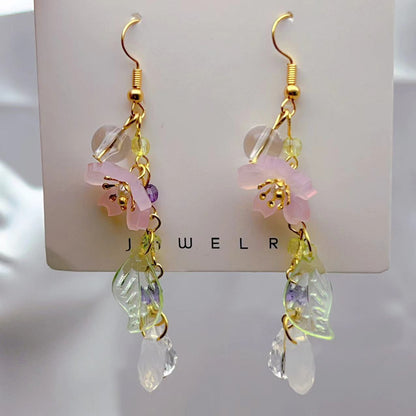 Long Cherry Blossom Leaves Resin Flowers Earrings