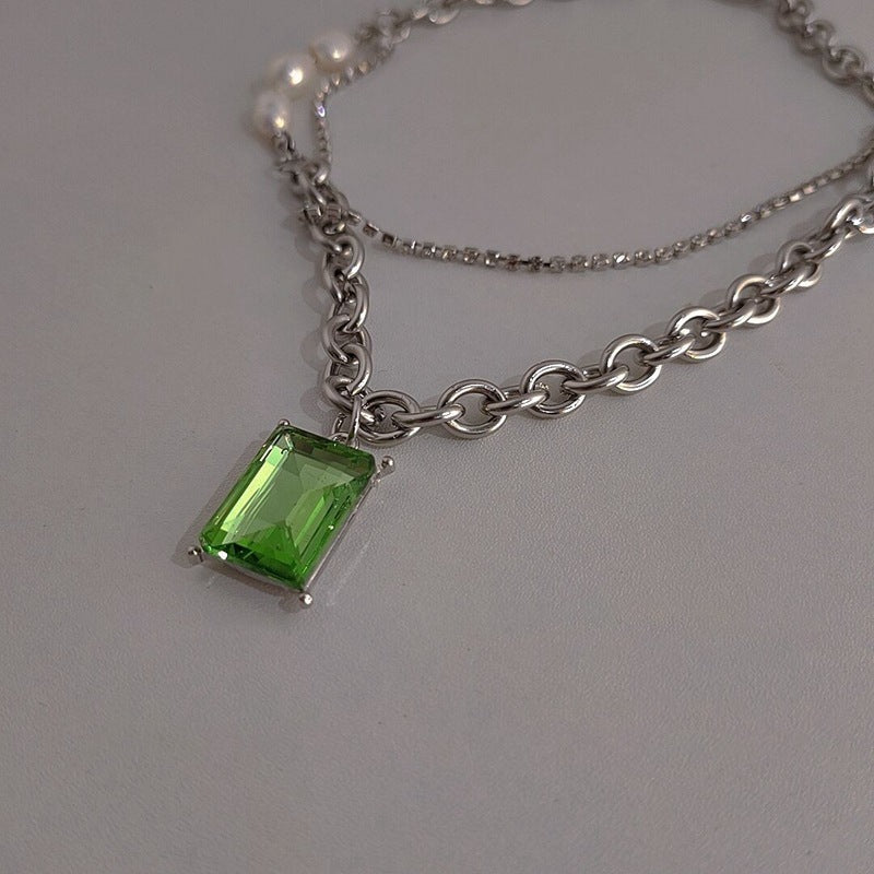 Green Square Brick Titanium Steel Necklace