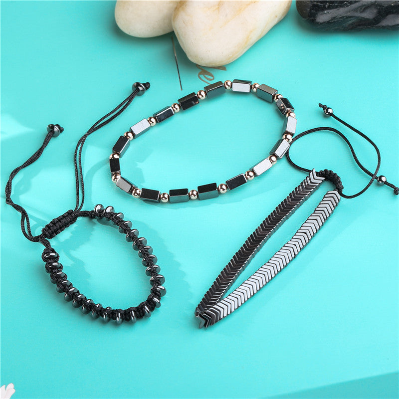 Black Iron Stone Flying Saucer Woven Bracelet Set