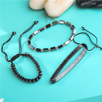 Black Iron Stone Flying Saucer Woven Bracelet Set