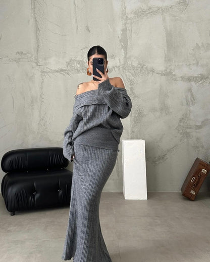 Women’s Winter Knitted Two-Piece Set – Off-Shoulder Sweater & Slim Skirt