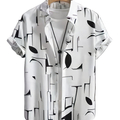New Men's Casual Abstract Geometric Print, Button-Up Collar, Machine Washable Summer Shirt