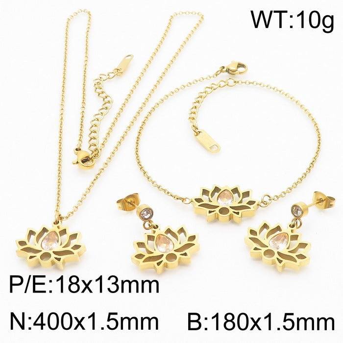 Minimalist Stainless Steel Zircon Lotus Jewellery Set