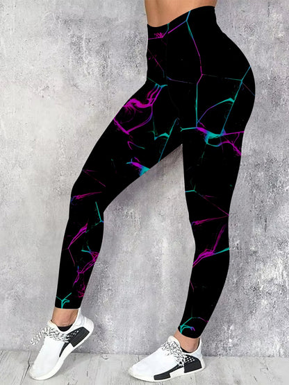Women's Plus Size High-Waisted Floral Print Leggings - Stretchy, Casual, Machine Washable, Black with Vibrant Purple & Teal Accents, All-Season Comfort Fit, High Waisted Leggings