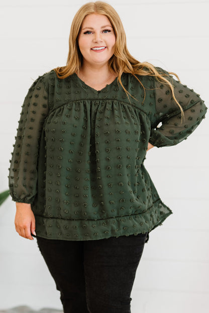Green Boho V Neck Swiss Dot Bishop Sleeve Plus Size Blouse