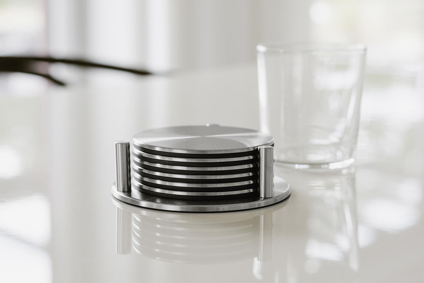 Zack Regio Brushed Stainless Steel Coaster Set with Stand — Set of 6