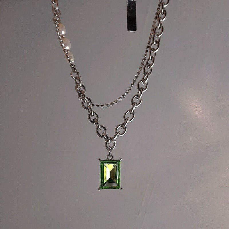 Green Square Brick Titanium Steel Necklace