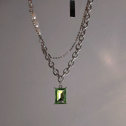 Green Square Brick Titanium Steel Necklace
