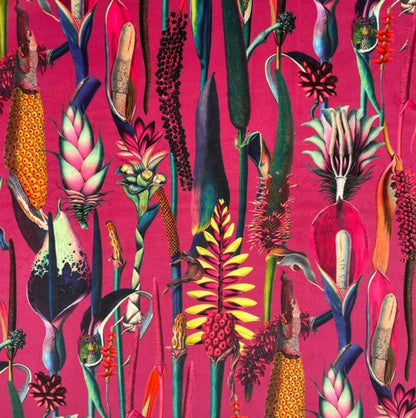 Cerise pink botanical velvet drum lampshade / ceiling shade, with a metallic brushed gold lining