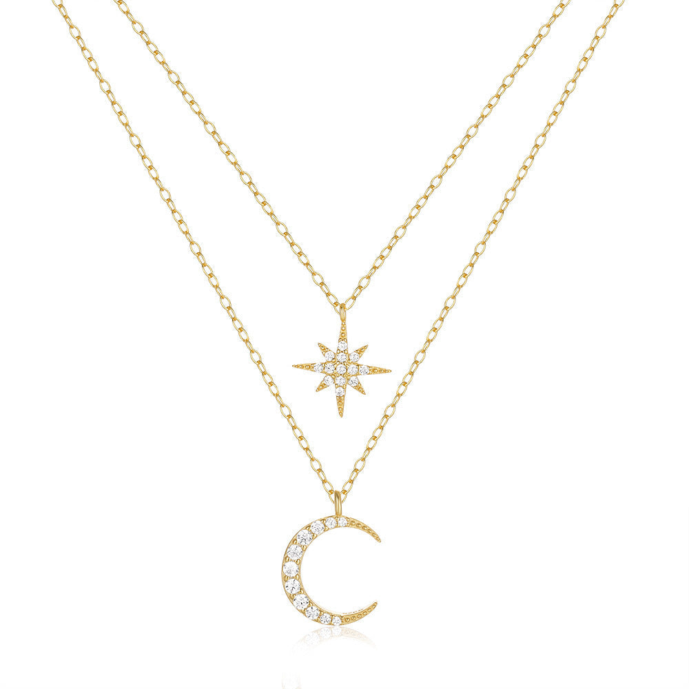 Double Layer Twin Diamond Star and Moon Necklace