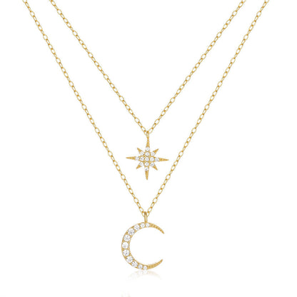Double Layer Twin Diamond Star and Moon Necklace