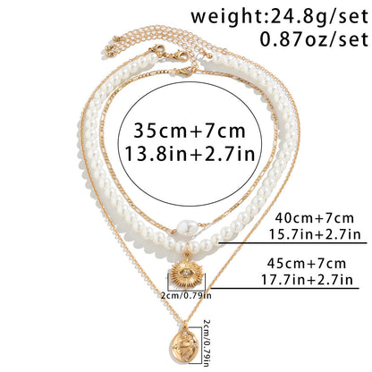 Multi-Layer Starfish Shell Pearl, Cross, Palm Tree Necklaces, 3Pc Set
