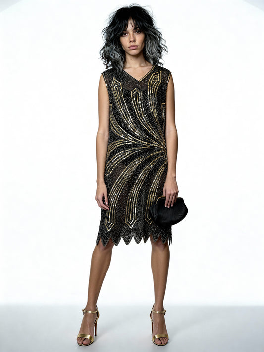Vintage Black & Silver Sequin Flapper Dress Uk 10 - 12