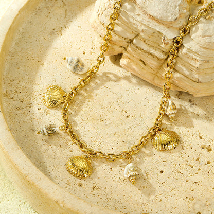 Ins Summer Ocean Style 18K Gold Titanium Steel Shell & Conch Necklace
