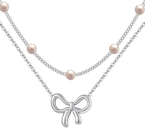 Pearl Double Layer Choker Necklace with Bow Pendant