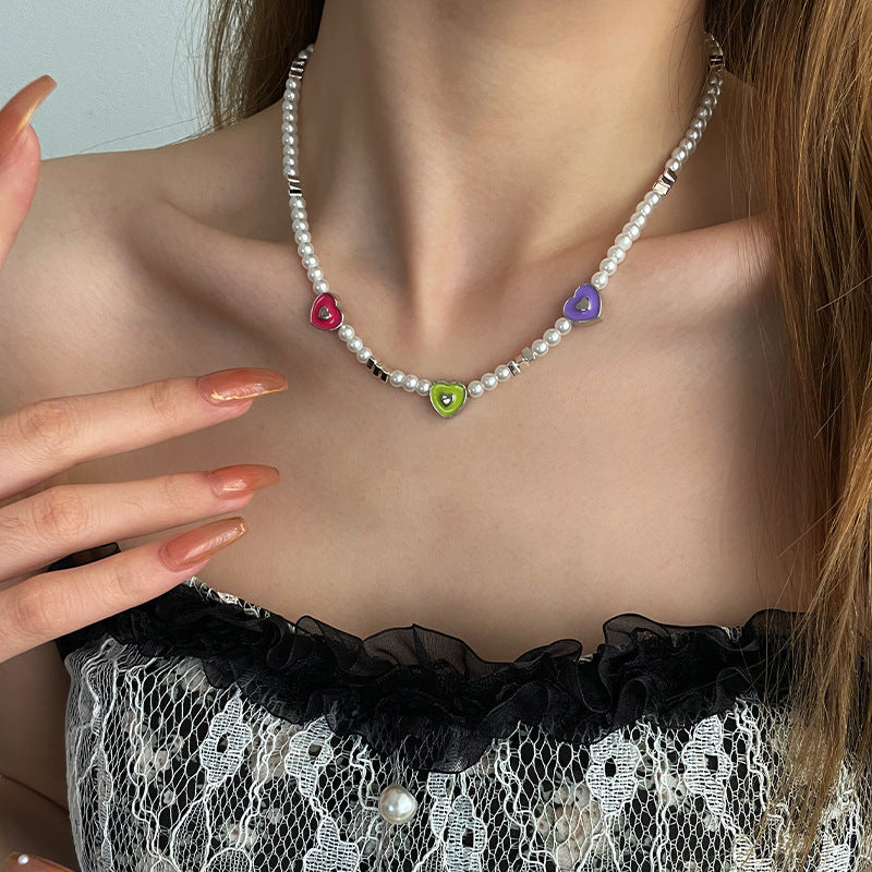 Colourful Heart Beaded Pearl Necklace