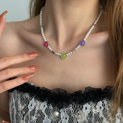 Colourful Heart Beaded Pearl Necklace