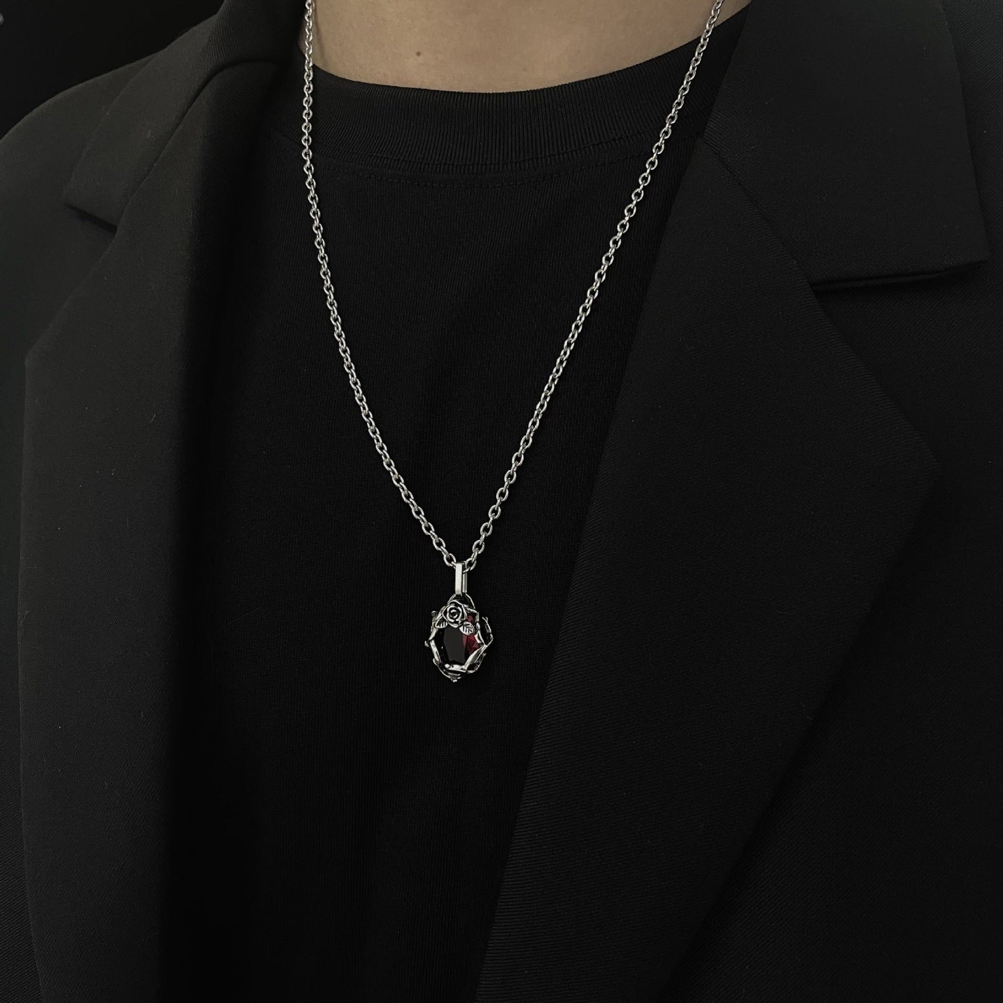 Black & Red Ruby Necklace with Flower Pendant