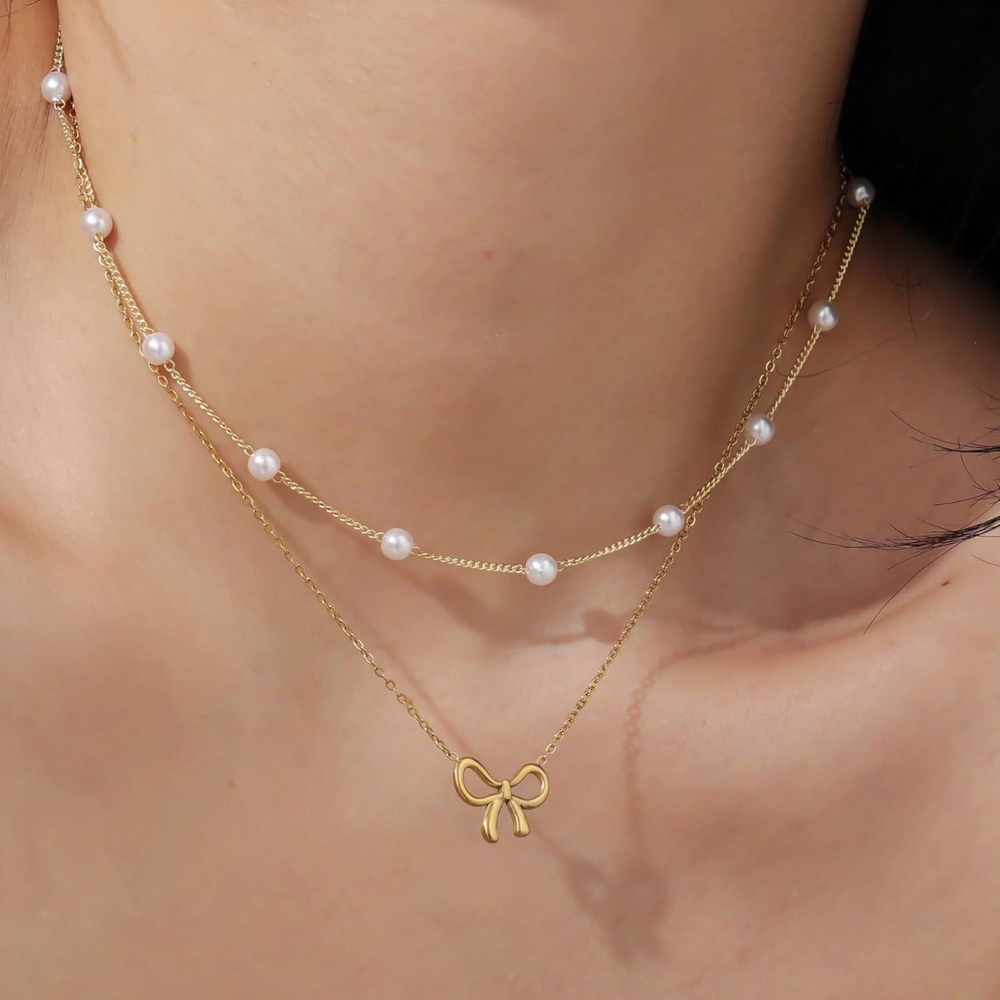 Pearl Double Layer Choker Necklace with Bow Pendant