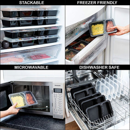 2-Compartment Reusable Containers with Airtight Lids - 887ml
