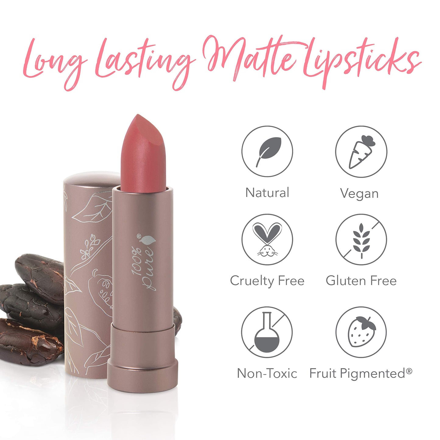 100% PURE Cocoa Butter Matte Lipstick – Pink Canyon (Dusty Pink) | All-Day Hydration, Vegan Fruit-Pigmented Color