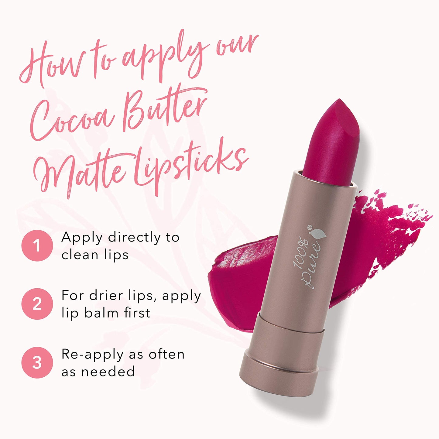100% PURE Cocoa Butter Matte Lipstick – Marrakesh (Vibrant Fuchsia), 0.15 oz