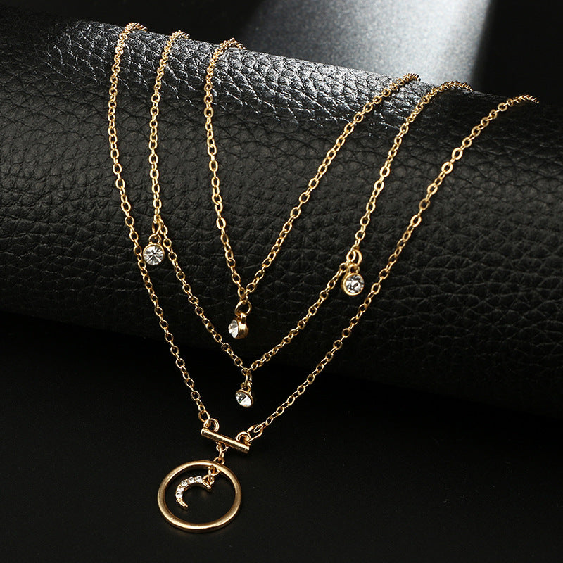 Multi-Layer Gold Moon Rhinestone Pendant Choker Necklace