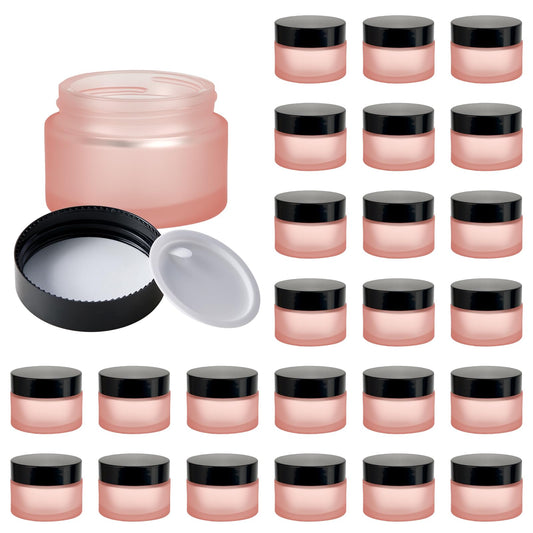 11 Hoa Kinh 1oz Pink Frosted Glass Jars – 25-Pack with Lids & Inner Liners for Travel Cosmetics