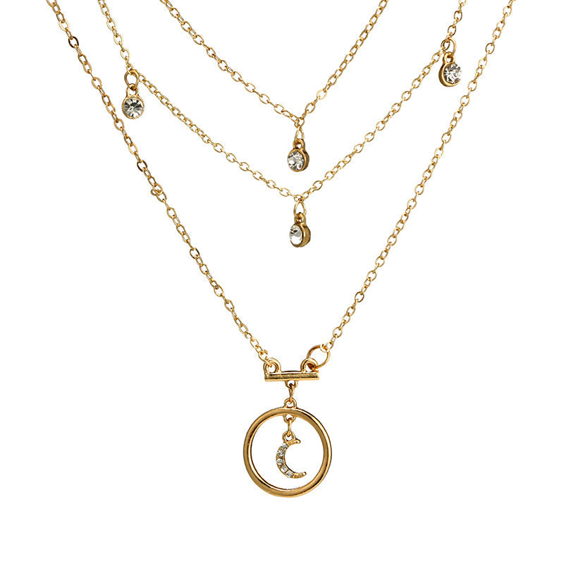 Multi-Layer Gold Moon Rhinestone Pendant Choker Necklace