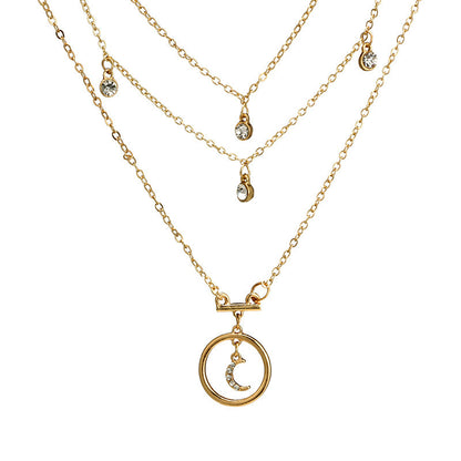 Multi-Layer Gold Moon Rhinestone Pendant Choker Necklace