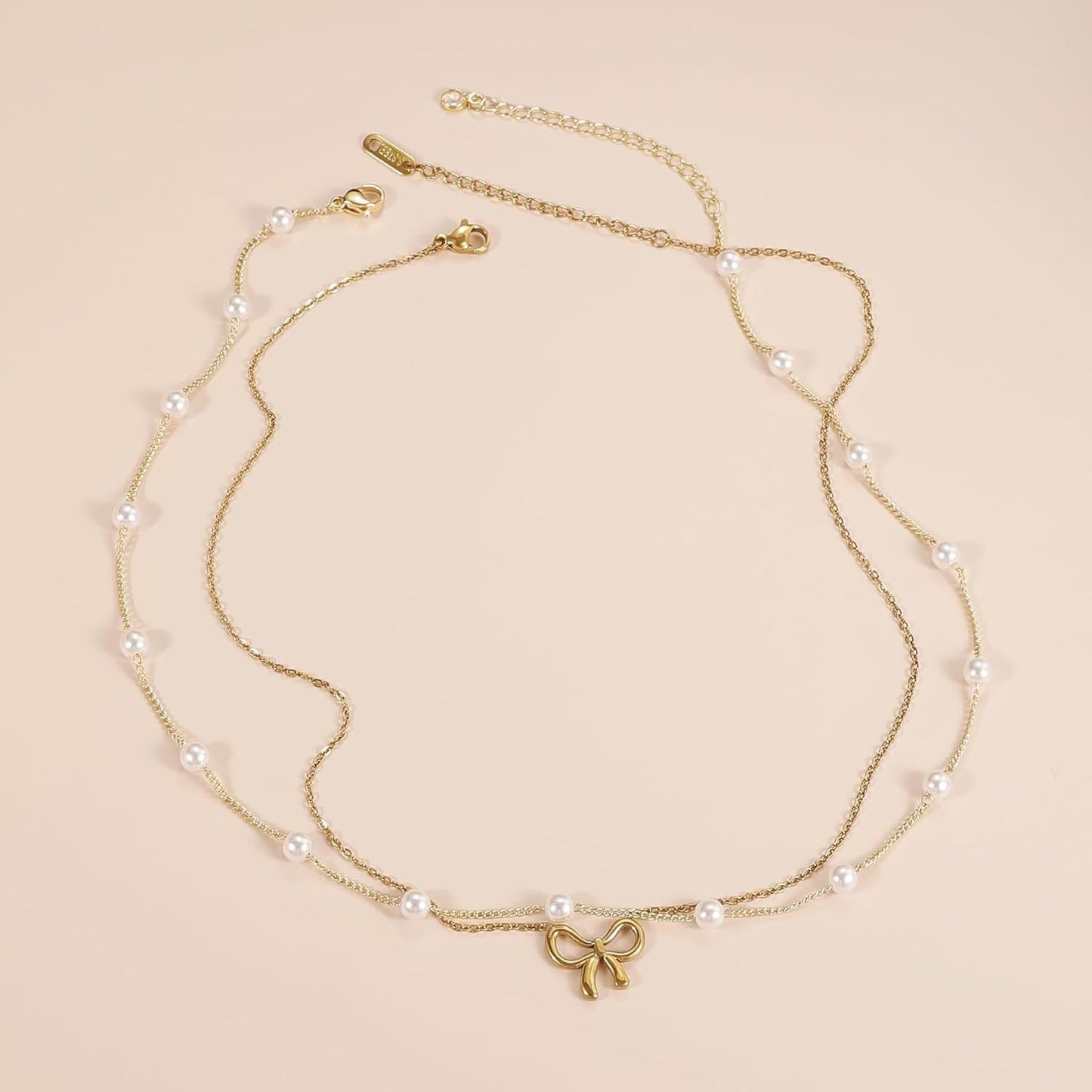 Pearl Double Layer Choker Necklace with Bow Pendant