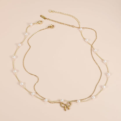 Pearl Double Layer Choker Necklace with Bow Pendant