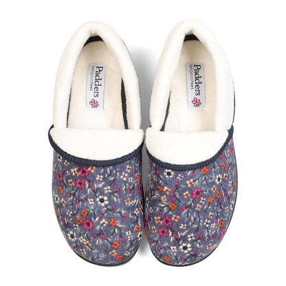 Padders Ladies Slippers 2E Fit DM Construction MELLOW - Denim Floral Cord