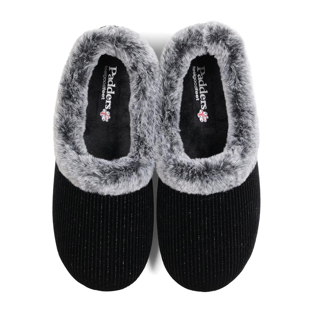 Padders Ladies Dual Fit Slippers 2E/3E SHAE - BLACK SPARKLE CORD