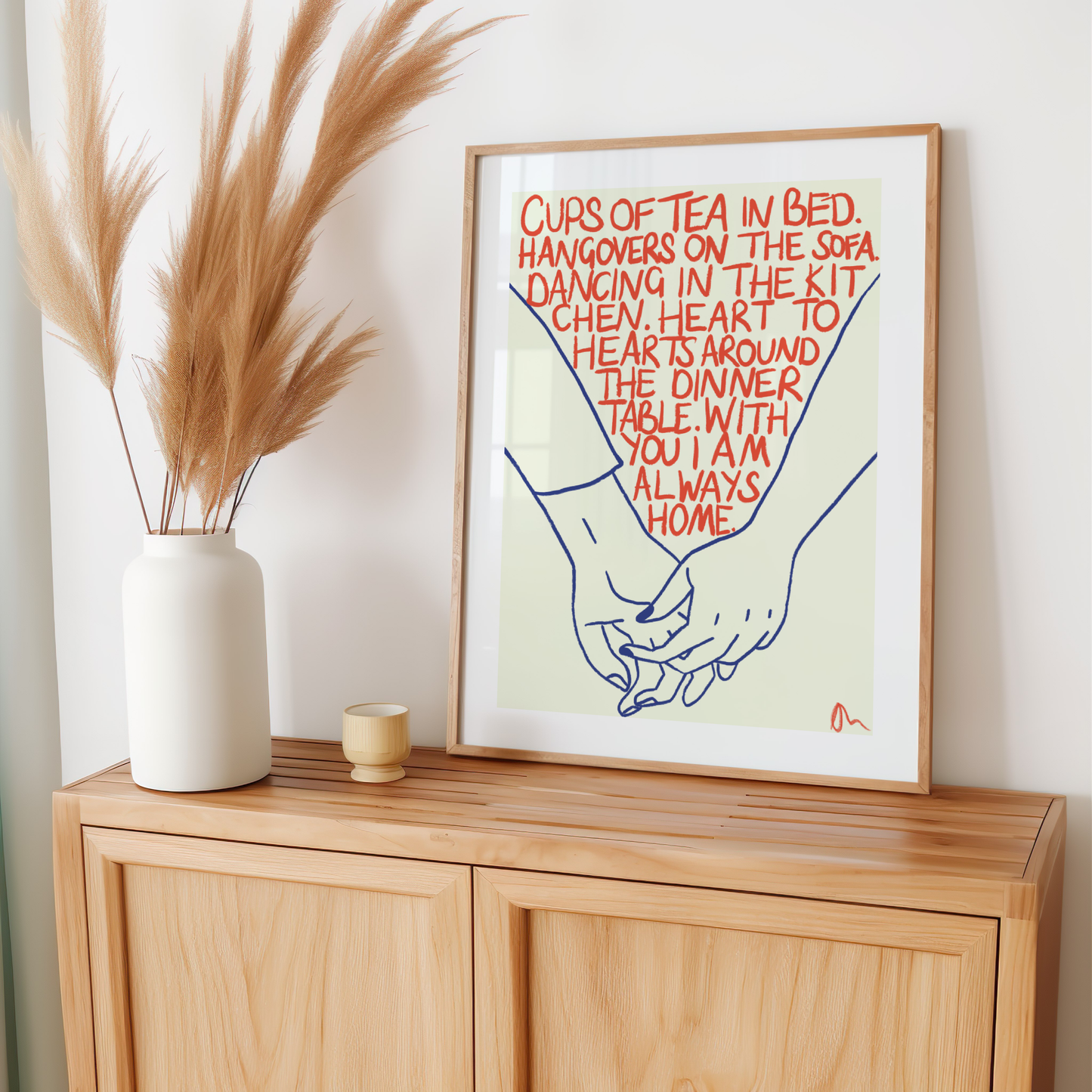 Cups of Tea | Orange and Blue Cute Romantic Hand Drawn Typographic Art Print