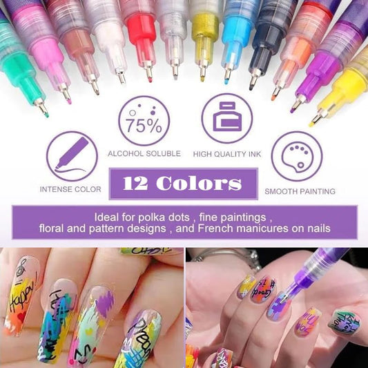 12 Colors Nail Art Marker Pens Set – Fine Tip Nail Markers for DIY Manicure & Nail Art