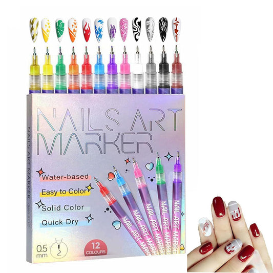 12 Colors Nail Art Marker Pens Set – Fine Tip Nail Markers for DIY Manicure & Nail Art