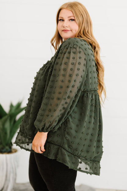 Green Boho V Neck Swiss Dot Bishop Sleeve Plus Size Blouse