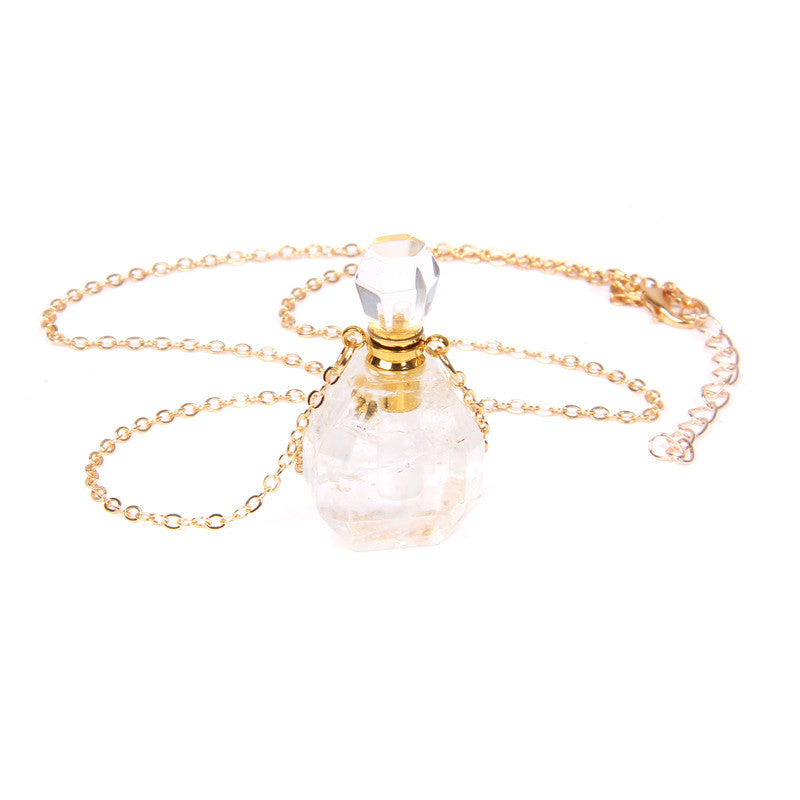 Perfume Bottle Crystal Pendant Necklace, Gold Chain
