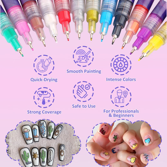 12 Colors Nail Art Pens Set – 2026 Upgrade, 0.5mm Fine Tip, Quick-Dry Markers for DIY Nail Art