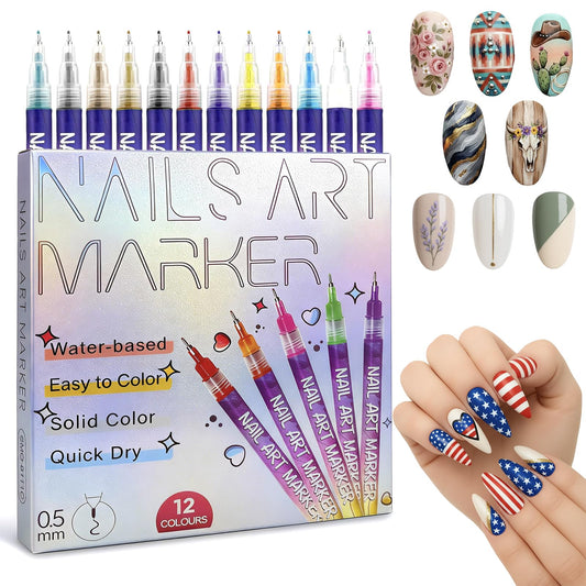 12 Colors Nail Art Pens Set – 2026 Upgrade, 0.5mm Fine Tip, Quick-Dry Markers for DIY Nail Art