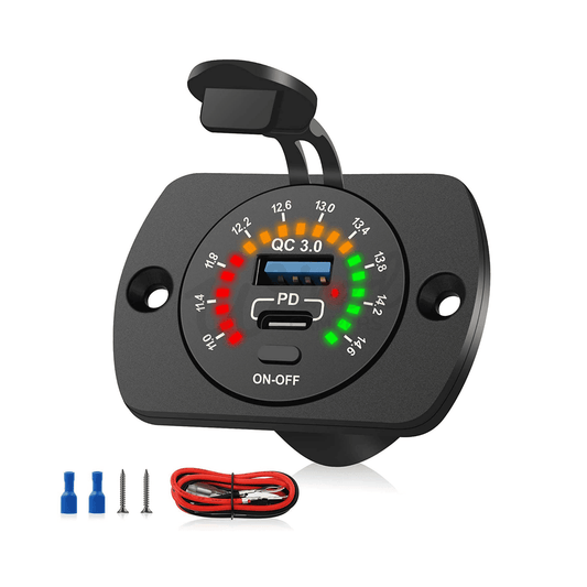 12V Battery Voltmeter & USB C PD 30W Port & Quick Charge 3.0 USB A Port 18W