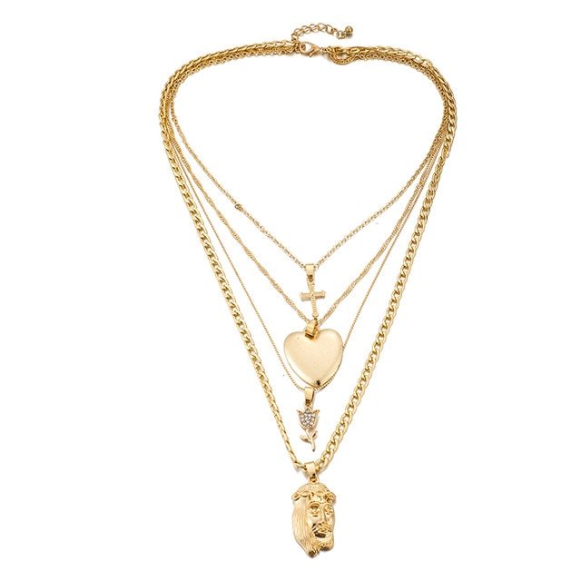 Multi-Layer Heart Cross Pendant Gold Chain Necklace