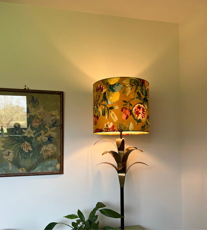 Fruit garden velvet in mustard, drum lampshade /ceiling shade with a white lining