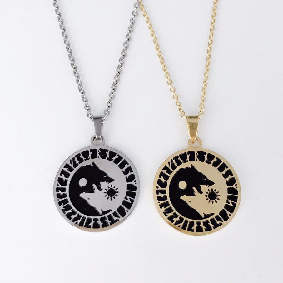 Wolf Head Sun and Moon Necklace