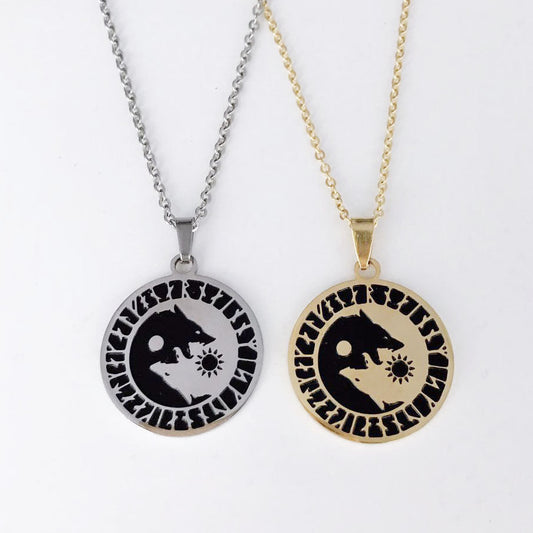 Wolf Head Sun and Moon Necklace