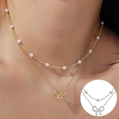 Pearl Double Layer Choker Necklace with Bow Pendant