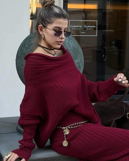 Women’s Winter Knitted Two-Piece Set – Off-Shoulder Sweater & Slim Skirt