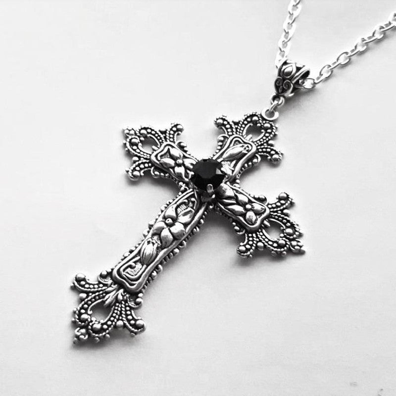 Retro Flower Pattern Cross Necklace